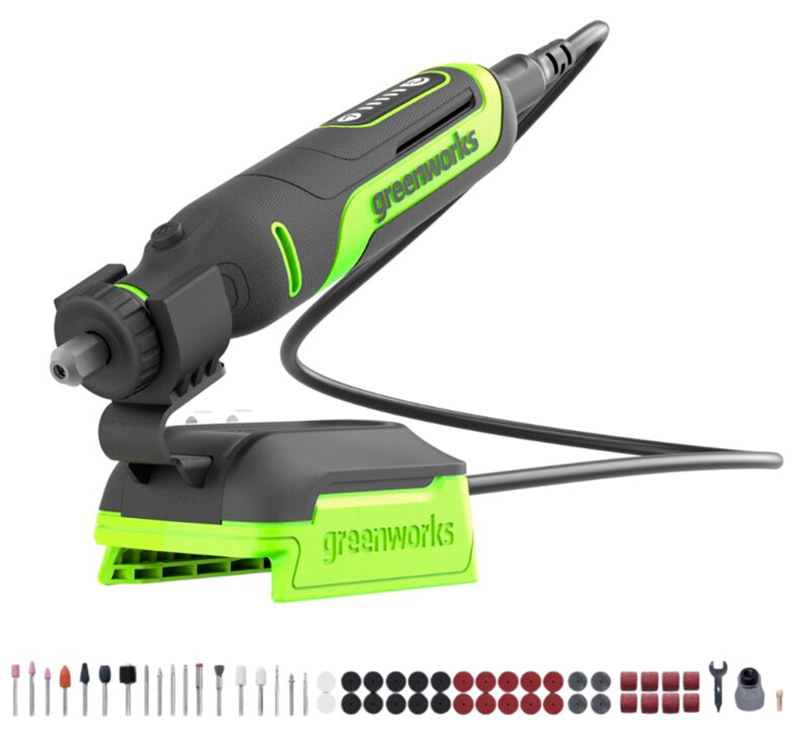 фото Гравер greenworks g24rt, 24v, бесщеточный, 24/32мм, 6500–35000 об/мин, оснастка 52 шт, без акб и зу, сумка 3200807