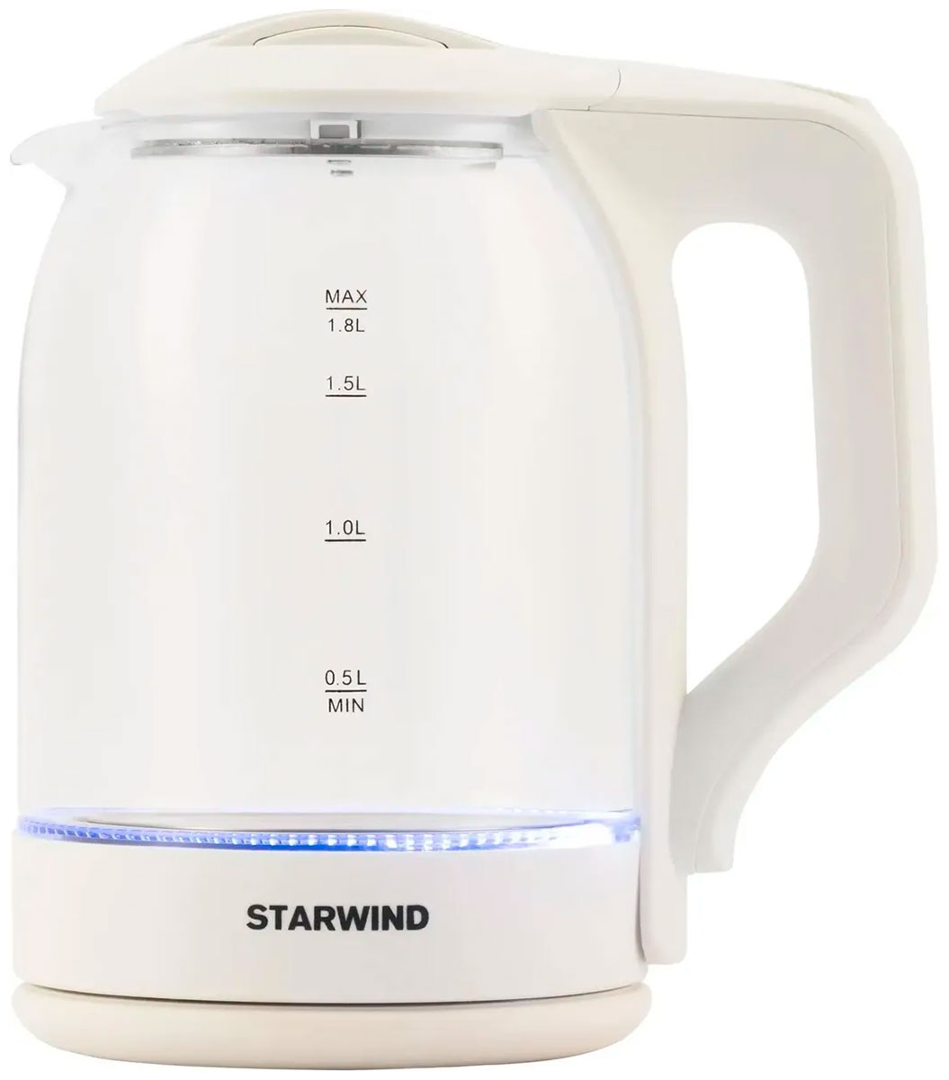 Изображение товара Чайник электрический Starwind SKG1056, 1.8л., 2000Вт (белый/прозрачный стекло)