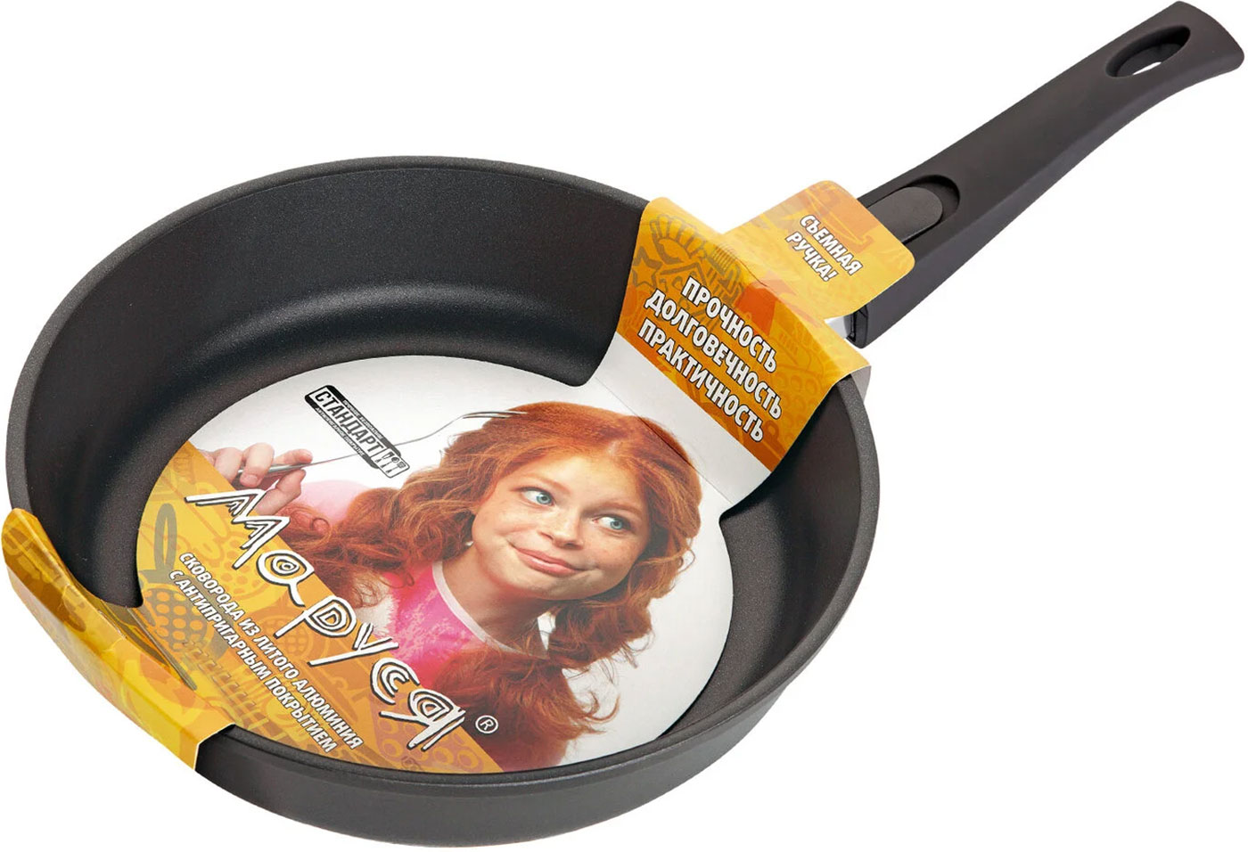 Изображение товара Сковорода Marusya 28 см, литая, антипригарная, без крышки, съемная ручка, черный (3028)