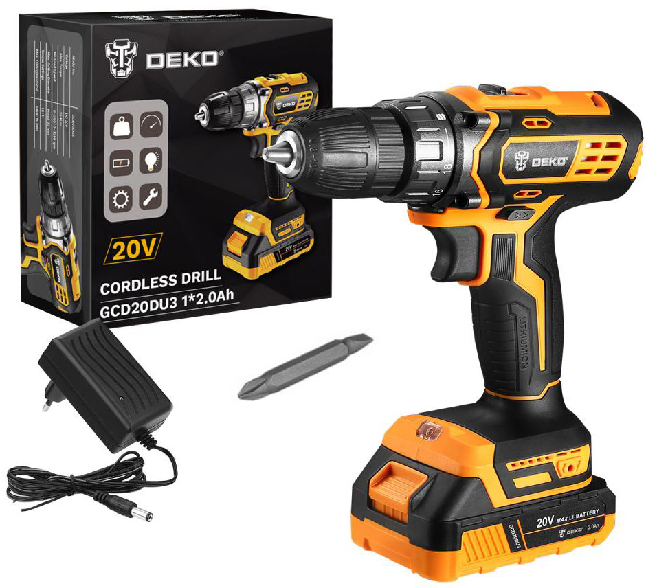 Изображение товара Аккумуляторная дрель-шуруповерт Deko GCD20DU3 в коробке, 1*2 Ач, черно-желтый