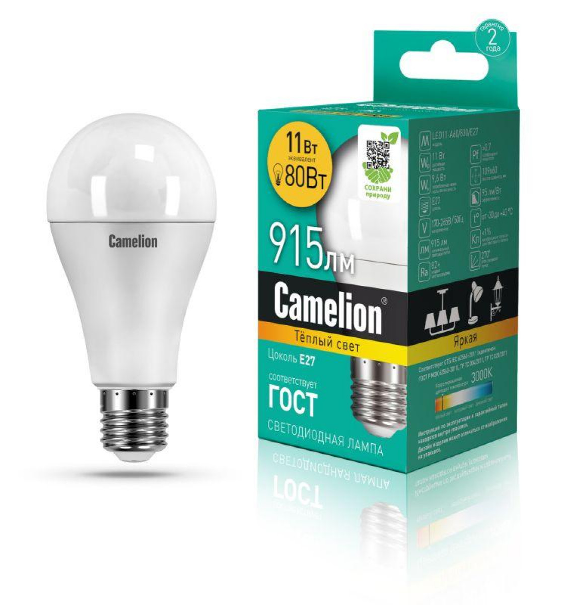 Изображение товара Светодиодная лампа Camelion LED11-A60/830/E27 11 Вт теплый белый свет