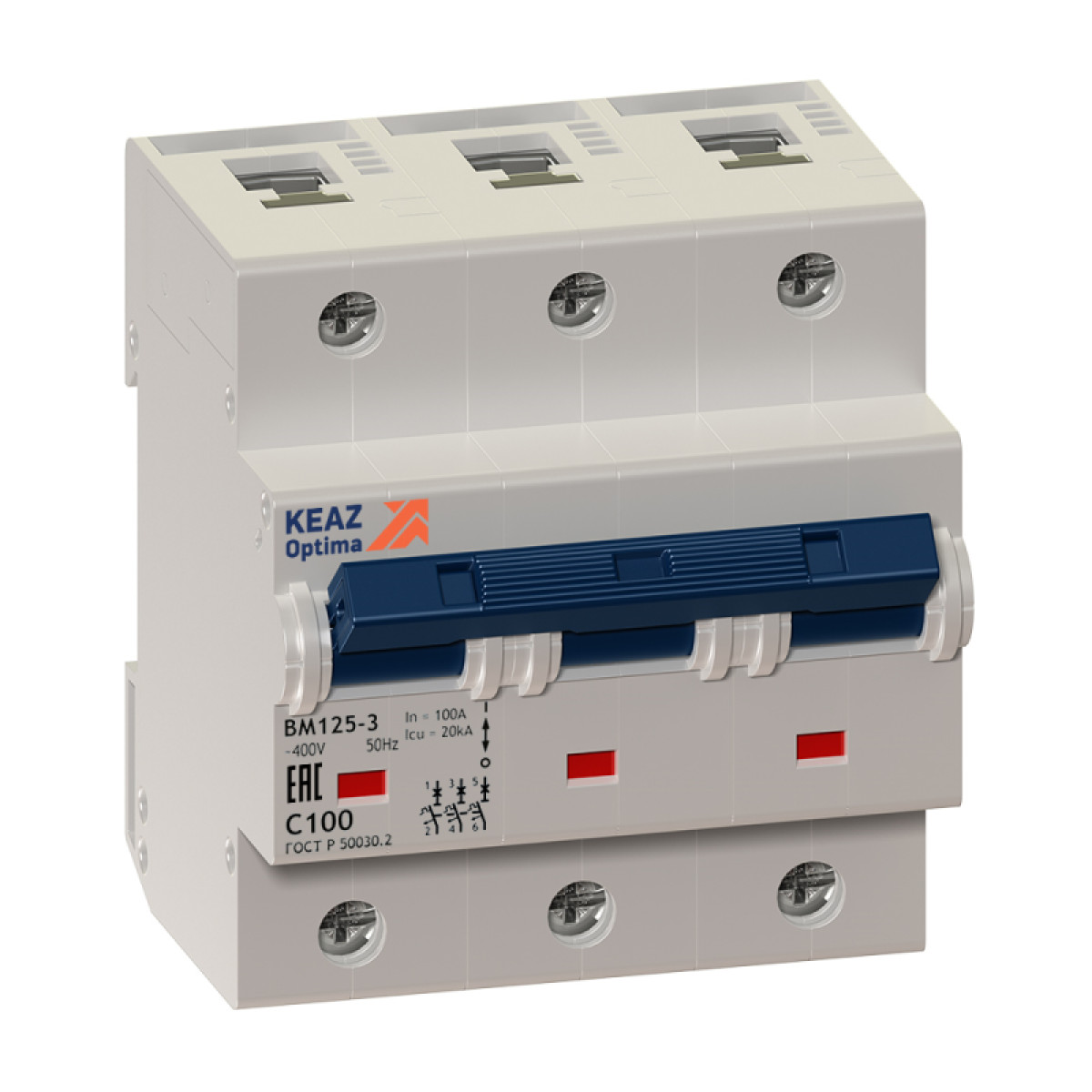 Изображение товара Низковольтное и промышленное электрооборудование КЭАЗ Выключатель автоматический модульный 3п C 100А 20кА OptiDin BM125-3C100-8ln-УХЛ3