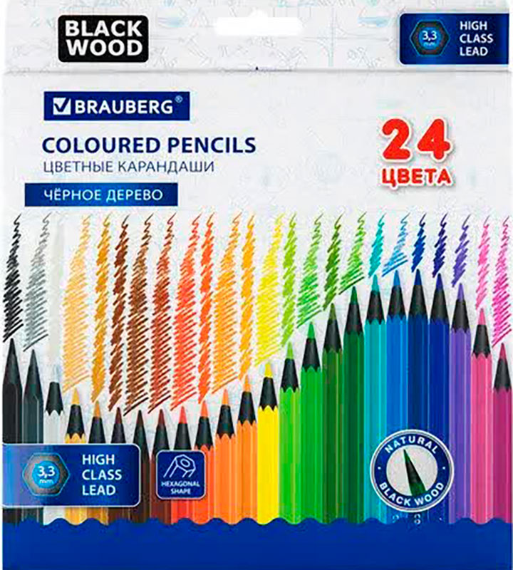 Изображение товара Карандаши цветные черное дерево Brauberg BLACK WOOD, 24 цвета, грифель мягкий, 3 мм, (181949)