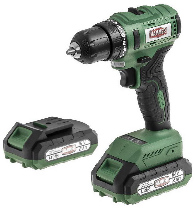 

Дрель-шуруповерт Hammer ACD18BLC, 18 В, 2x2 Ач, Li-Ion, 10 мм, 0-400/0-1400 об/мин, 45 Нм, в кейсе (216-029)