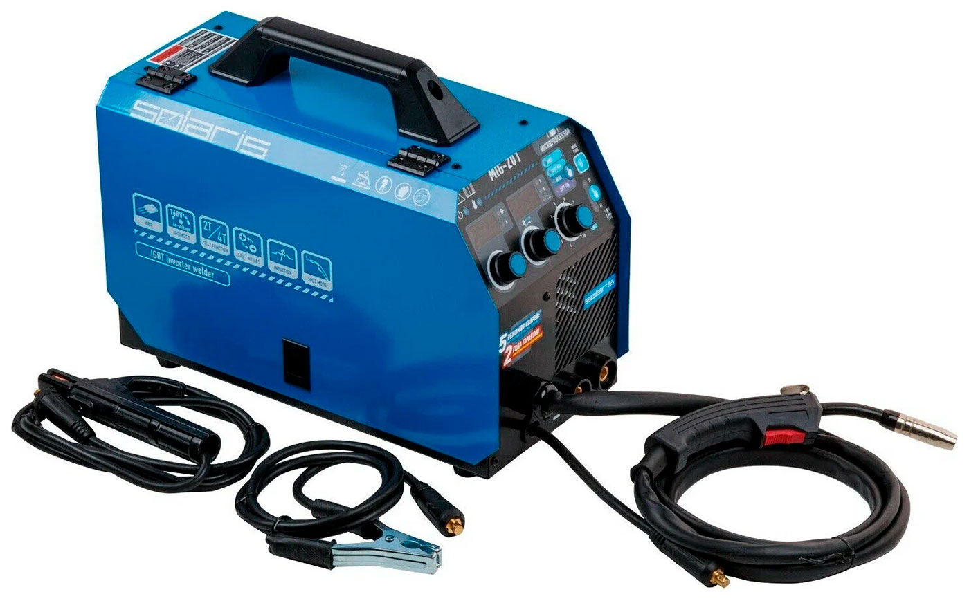 Изображение товара Полуавтомат сварочный Solaris MIG-201, 230 В, MIG/SPOT/FLUX/MMA/TIG, встроенная горелка 2 м, смена полярности, 2T/4T, регулировка индуктивности