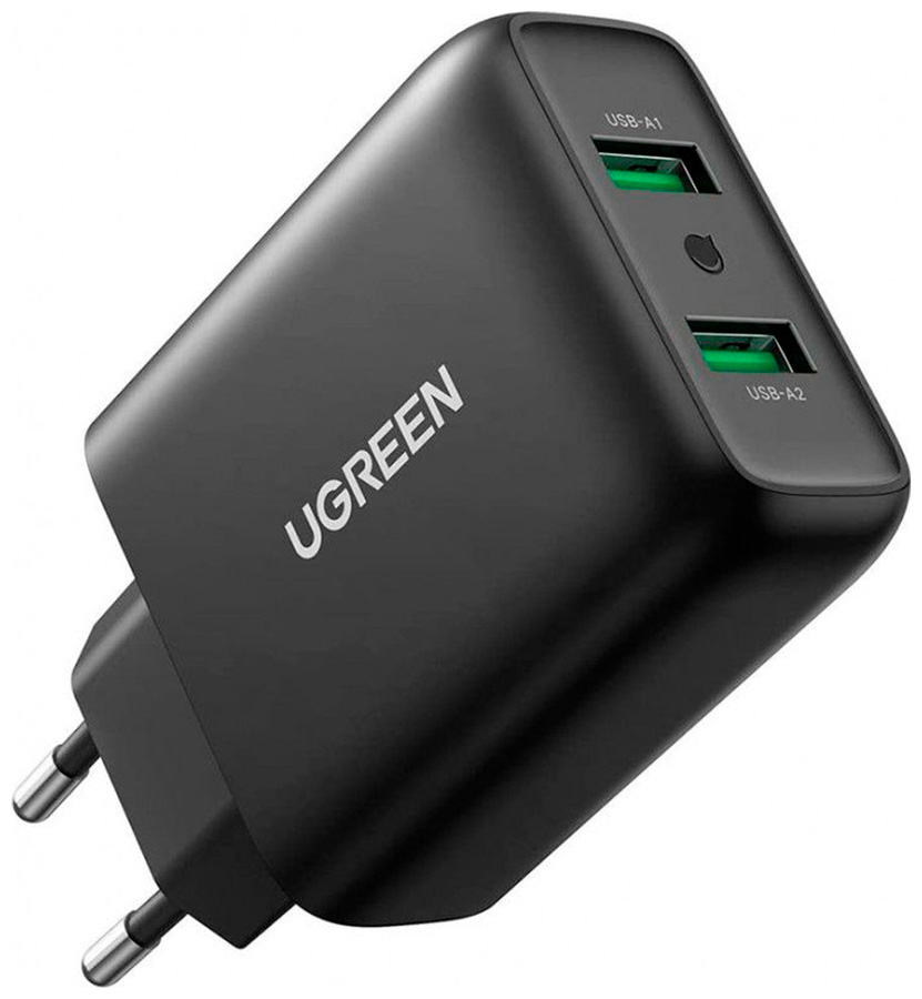 Изображение товара Зарядное устройство Ugreen CD161 36W USB-A QC 3.0 быстрый зарядный адаптер двухразъемный черный