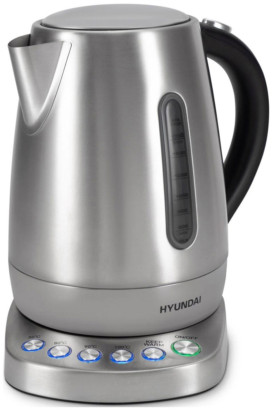 Изображение товара Чайник электрический Hyundai HYK-S7770, 1.7 л., 2200 Вт (серебристый/черный, металл)