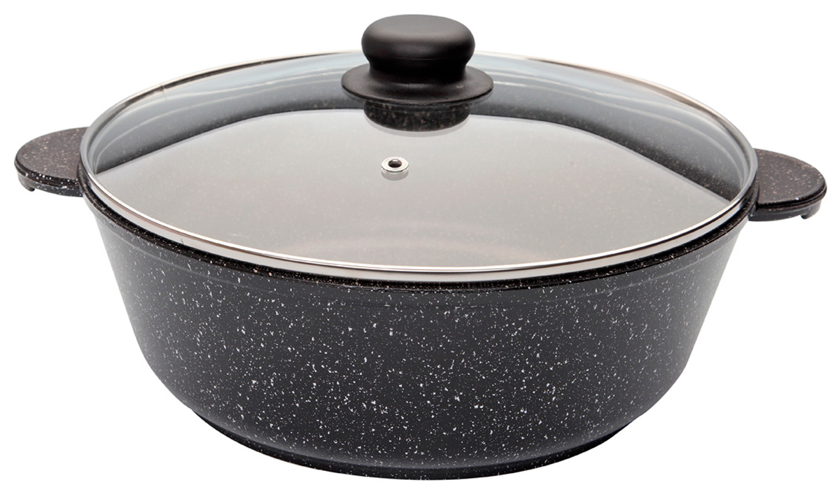 Изображение товара Жаровня Marusya 7328ж, антипригарная, литая, 4 л, 28 см, со стеклянной крышкой, черный мрамор