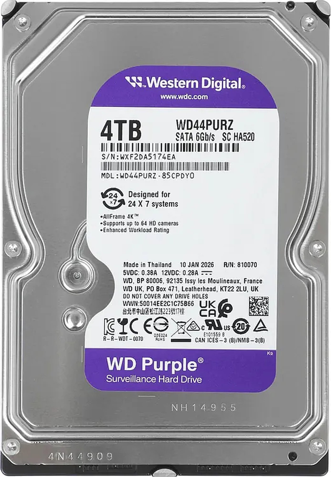Изображение товара Жесткий диск Western Digital 4TB 3.5 SATA Purple WD44PURZ