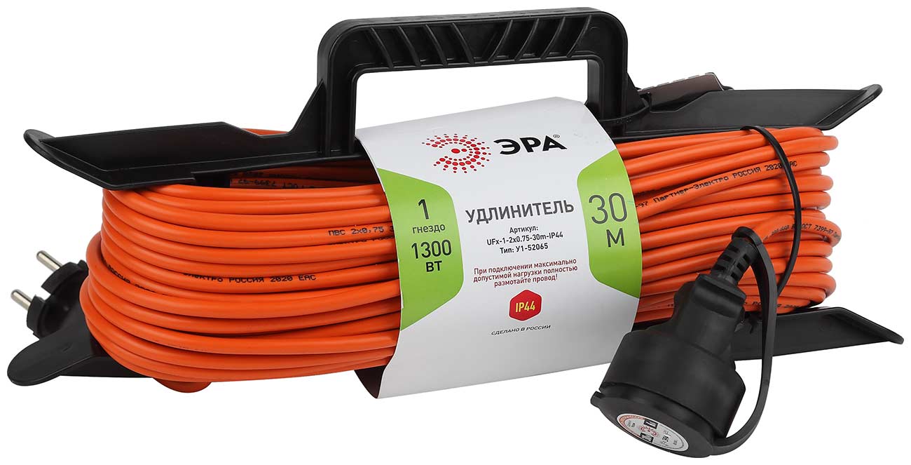 

Удлинитель силовой на рамке ЭРА UFx-1-2x0.75-30m-IP44 без заземления 1 розетка 30м 6А, Черный/оранжевый