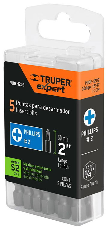 Изображение товара Набор бит Truper Phillips PH2 51 мм 5 шт PUDE-1202 12147 Изображение товара Набор бит Truper Phillips PH2 51 мм 5 шт PUDE-1202 12147