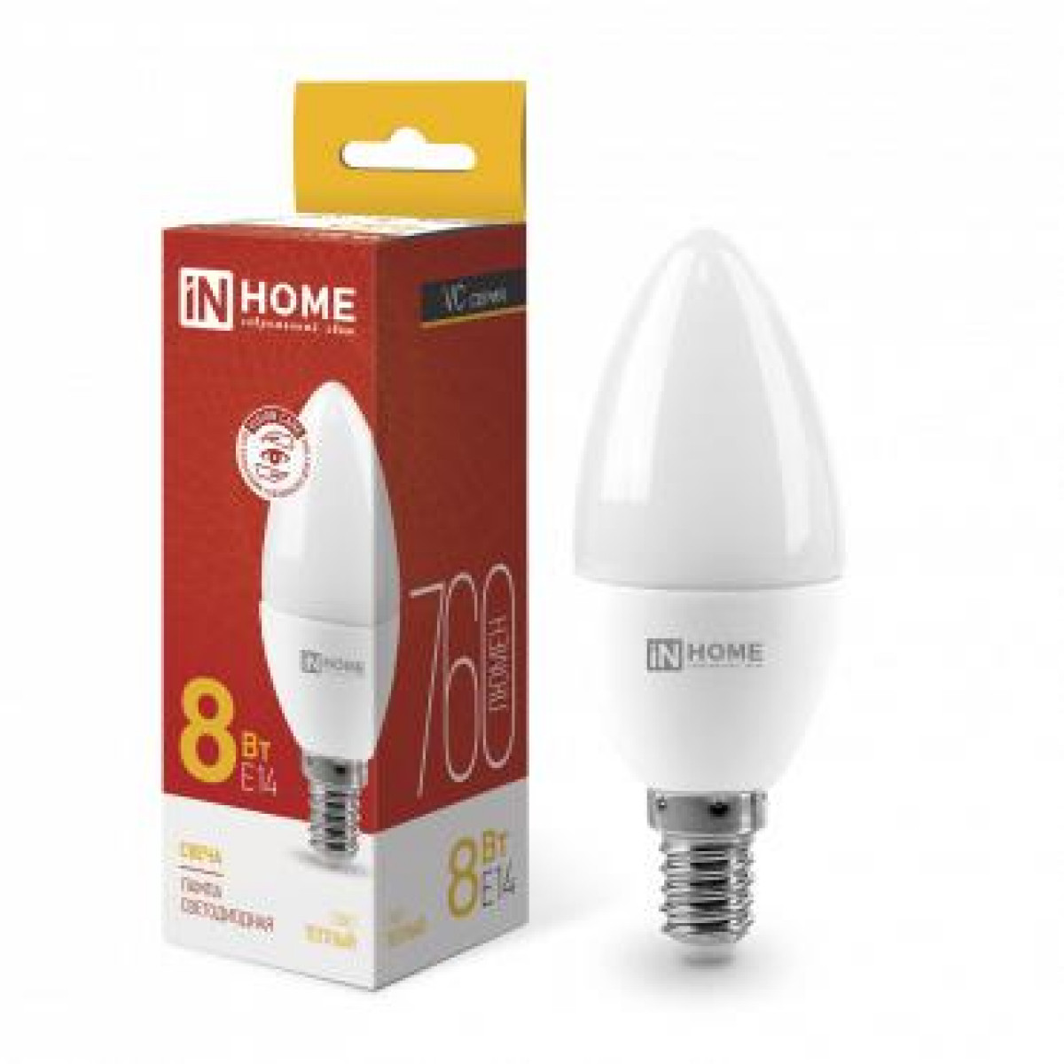 Изображение товара Лампа светодиодная In Home LED-СВЕЧА-VC, 8 Вт, свеча, 230 В, E14, 3000К, 760лм