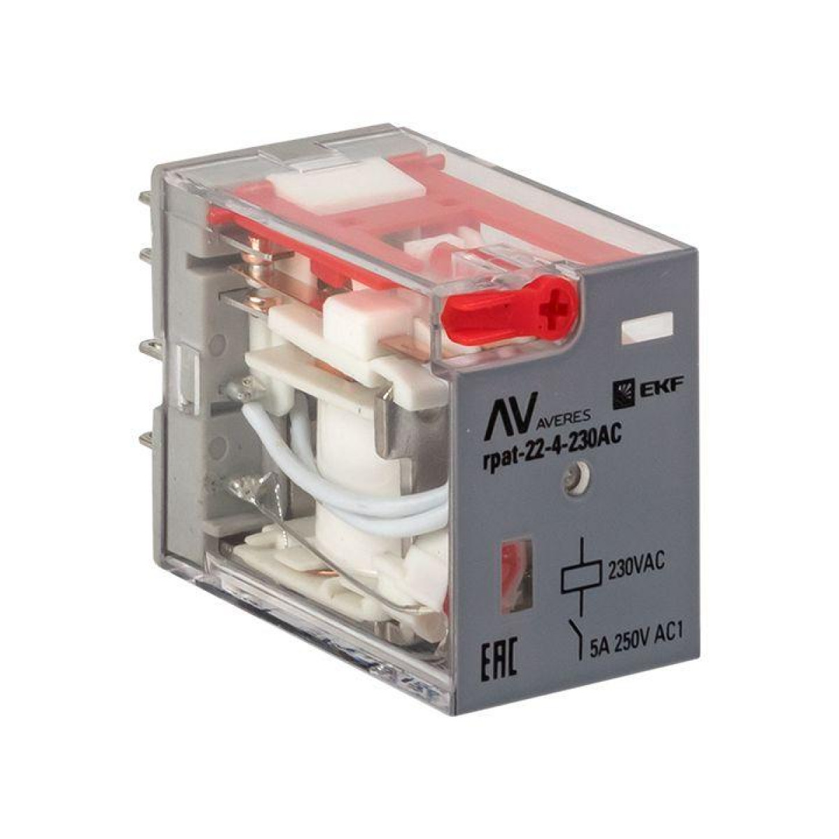 Изображение товара Низковольтное и промышленное электрооборудование EKF Реле промежуточное RPAt 22/4 5А 230В AC с кнопкой и мех. индикацией AVERES
