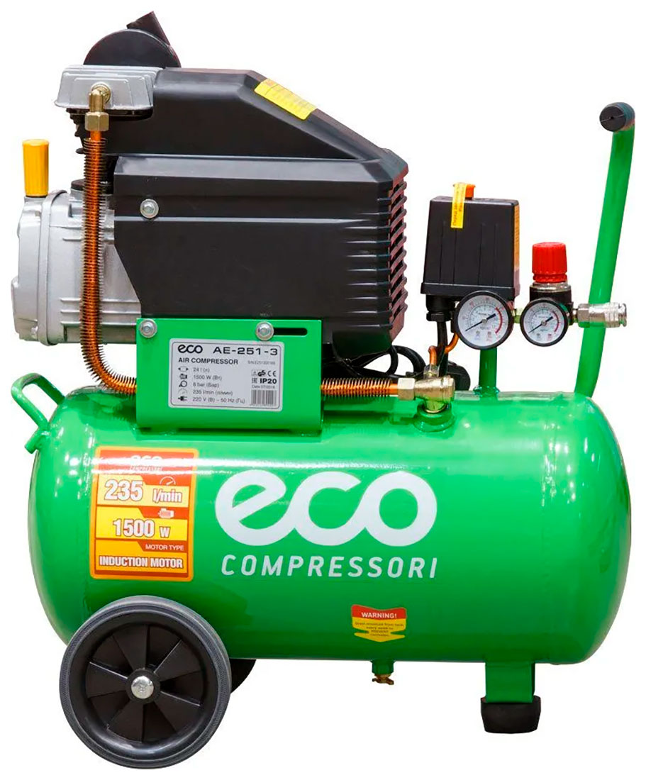 Изображение товара Компрессор Eco AE-251-3, 235 л/мин, 8 атм, коаксиальный масляный ресивер, 24 л, 220 В, 1.50 кВт
