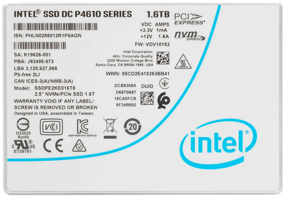 Изображение товара Серверный накопитель SSD Intel 2.5 U.2 DC-P4610 1600 Гб PCIe TLC (SSDPE2KE016T801)