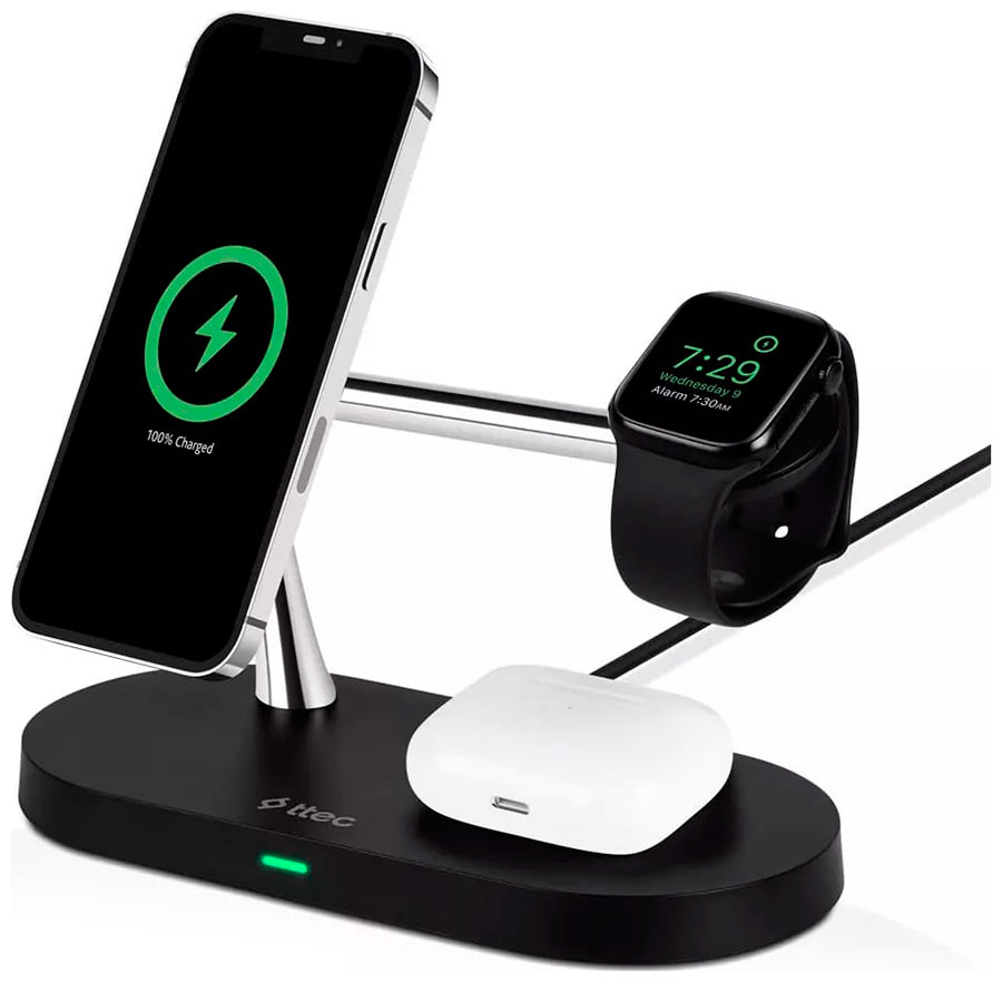Изображение товара Беспроводная зарядная станция 4-в-1 Ttec AirCharger Quattro M MagSafe Competitible 4in1 iPhone + Apple Watch + AirPods Wireless Fast charger with LED, черный