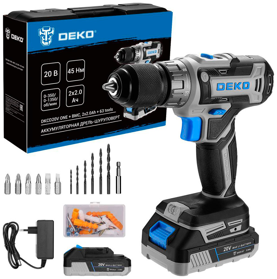

Аккумуляторная дрель-шуруповерт Deko DKCD20V ONE + в кейсе + набор 63 инструмента для дома, 20В 2x2.0Ач, черно-синий