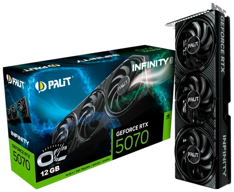 Изображение товара Видеокарта Palit GeForce RTX 5070 INFINITY 3 OC 12GB с тремя вентиляторами
