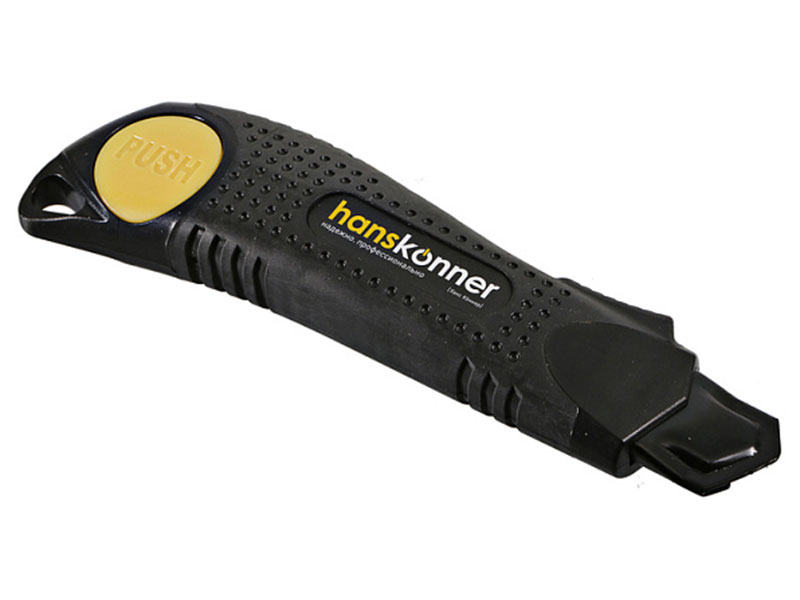 Изображение товара Нож cтроительный Hanskonner 18 мм, обрезиненный корпус, быстрая разблокировка, лезвие SK2 0.7 мм (HK1076-08-02)