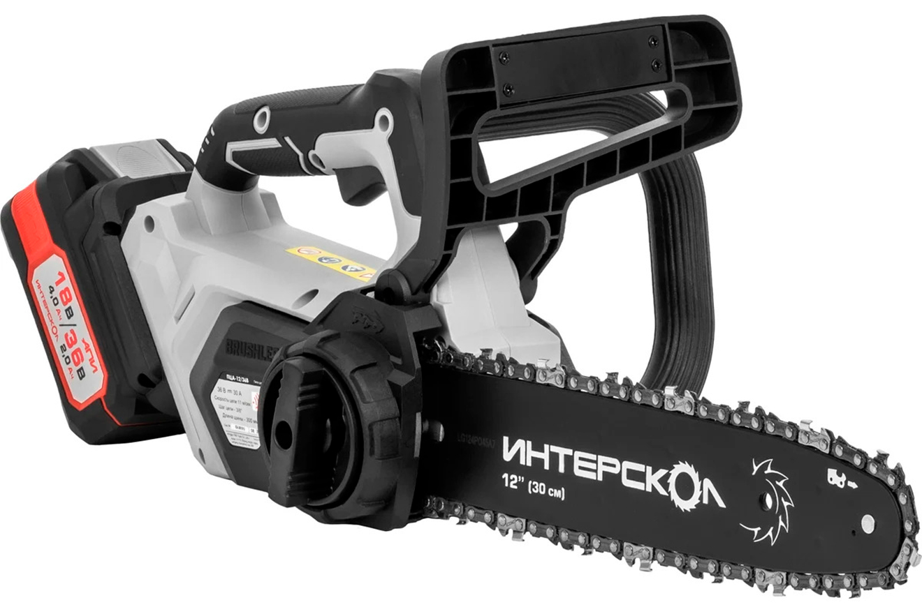 Изображение товара Аккумуляторная цепная пила Интерскол ПЦА-12/36В бесщеточная 30 см для профессиональных и бытовых за
