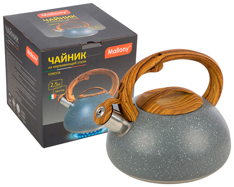 Изображение товара Чайник для плиты Mallony FORESTA, из нержавеющей стали, 2.5 л., с ручкой под дерево (007192)
