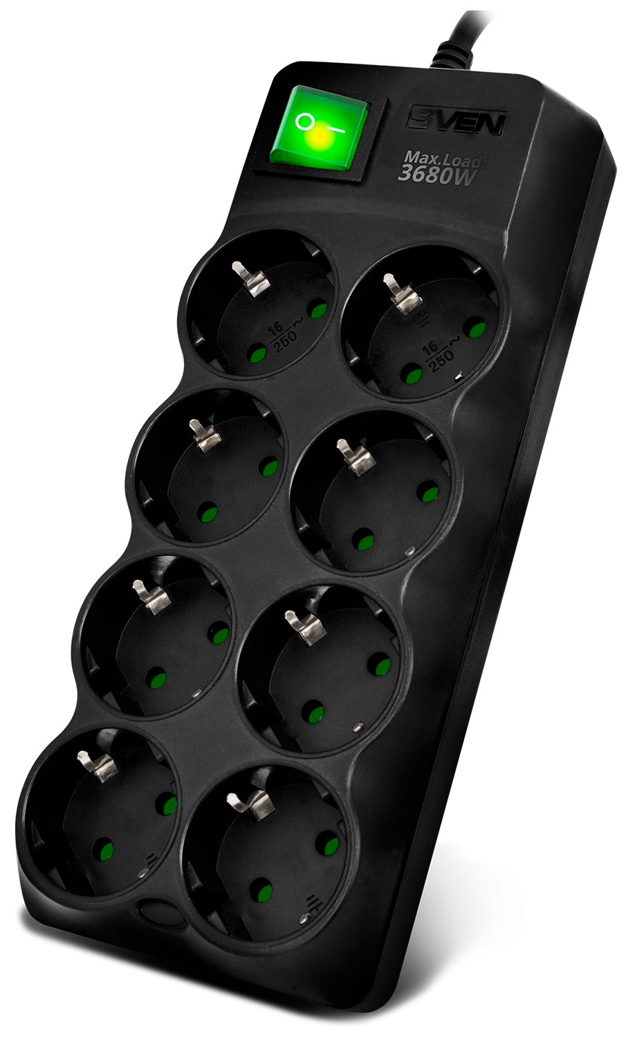 Изображение товара Сетевой фильтр Sven SF-08E-16, 3.0 м, 8 розеток с защитными шторками, 16 А, черный (SV-021610)
