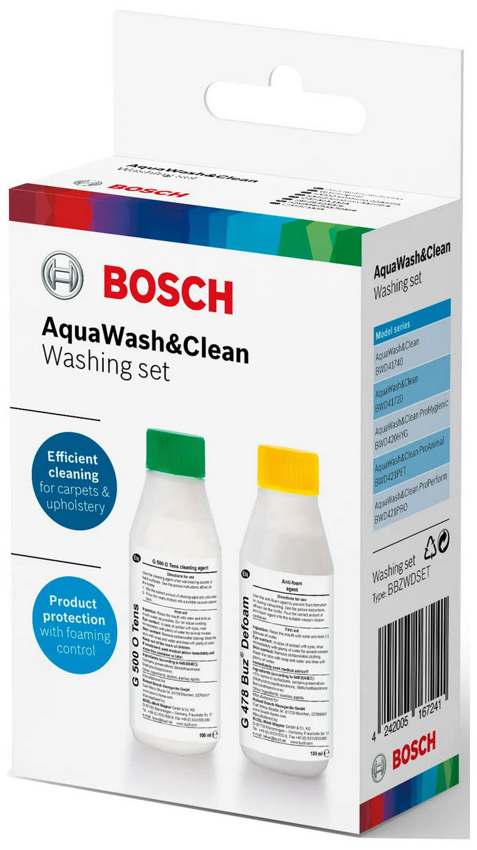 Набор средств AquaWash&Clean для моющих пылесосов Bosch шампунь G500 + пеногаситель G478 D 00312086 шампунь для моющего пылесоса bosch bbzwdset
