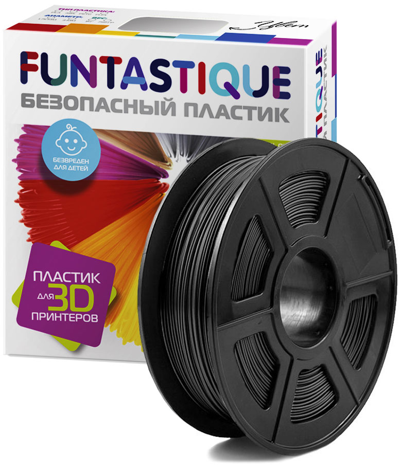 PLA-пластик в катушке Funtastique PLA-1KG-BK, 1.75 мм, 1 кг (Черный) комплект 5 штук катушка пластиковая funtastique pla 1kg vt 1 75 мм 1 кг фиолетовый