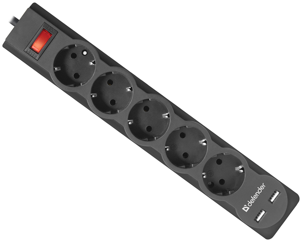 Изображение товара Сетевой фильтр Defender DFS 755 5,0 м, 5 розеток, 2xUSB, 2.1A (99755)