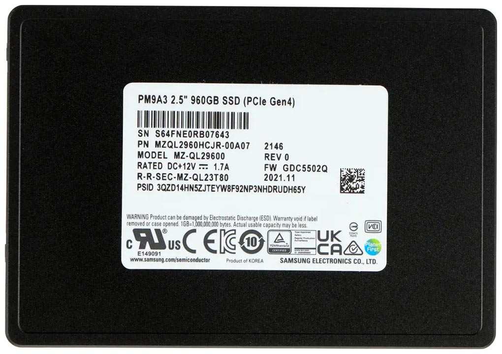 Изображение товара Серверный накопитель SSD Samsung 2.5 U.2 PM9A3 960 Гб PCIe 4.0 (MZQL2960HCJR-00A07)