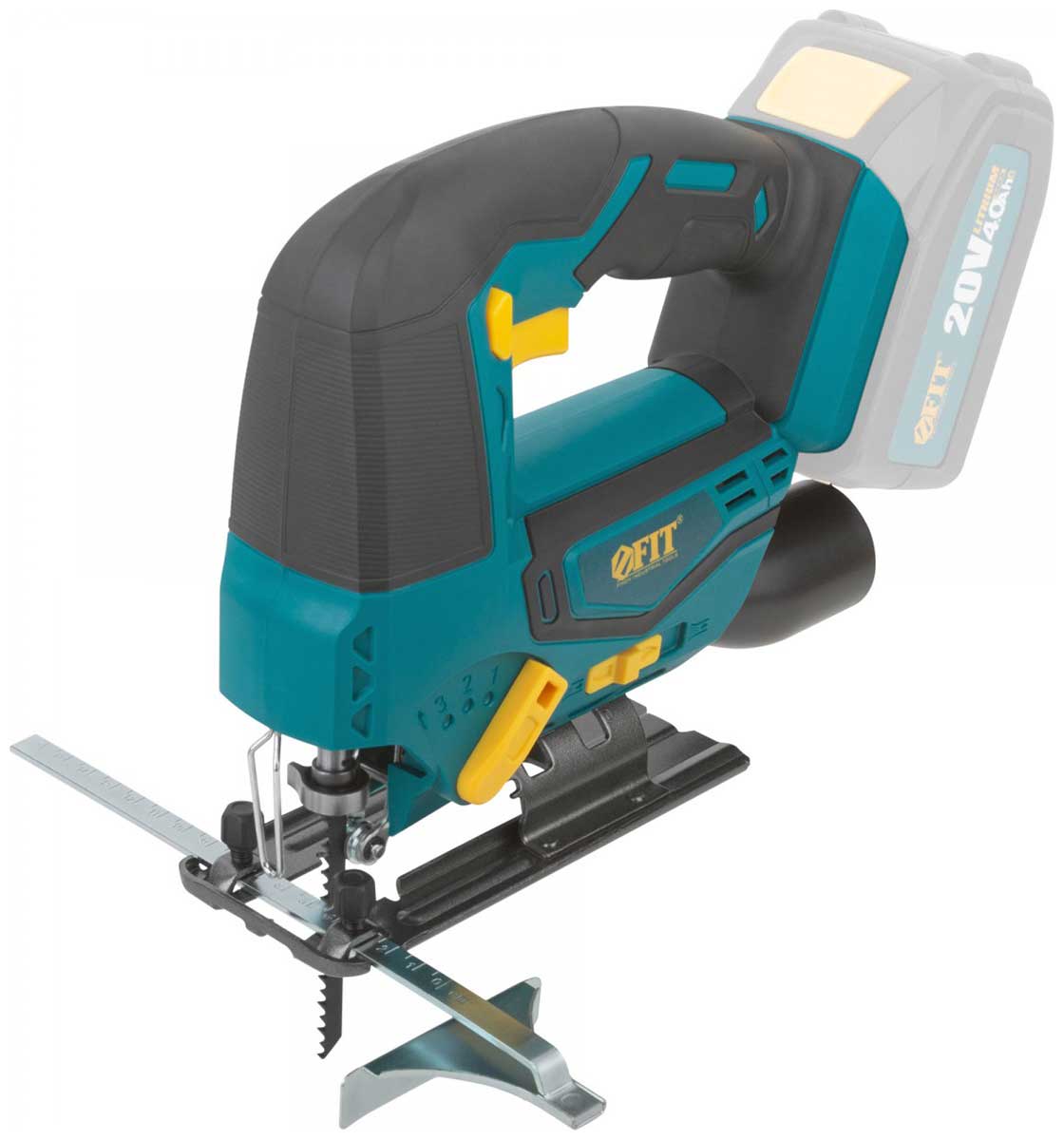 Изображение товара Лобзик Fit акк. 20 В, 0-2500 ход/мин, БзП, маятник, 80 мм, 1.6 кг, рез. накл., без АКБ, коробка