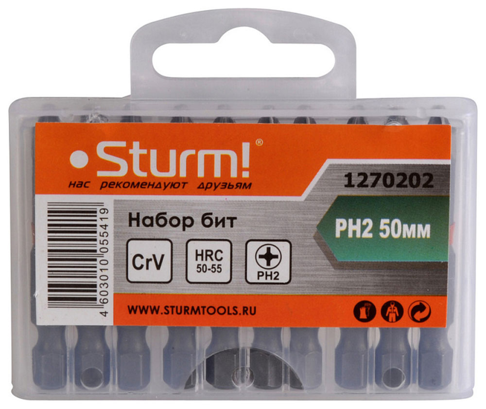 Изображение товара Набор бит Sturm PH2 50 мм CrV магнитные 10 штук в пластиковом кейсе