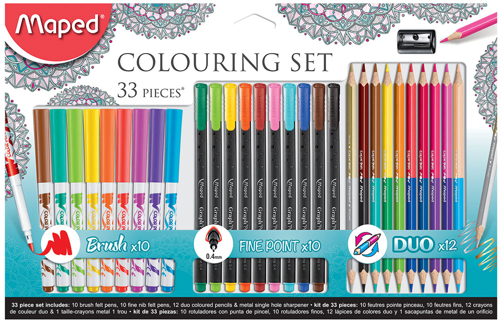 Изображение товара Набор для творчества Maped Colouring Set, 10 фломастеров, 10 капиллярных ручек, 12 двусторонних цветных карандашей, точилка (897417)