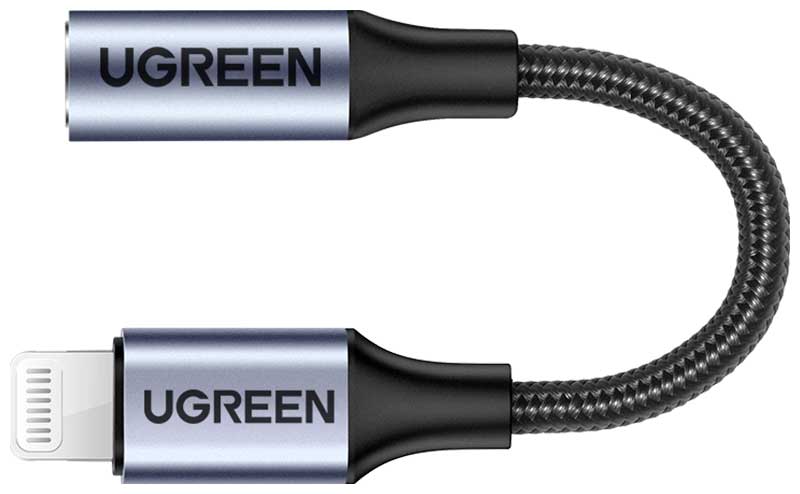 цена Аудиоадаптер Ugreen Lightning - AUX Jack 3.5 мм (f), в оплетке, цвет черный, 10 см (30756)