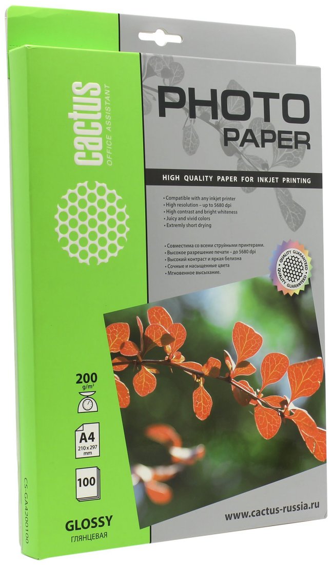 Изображение товара Фотобумага Cactus CS-GA4200100 A4 200г/м2 100л глянцевая для струйной печати