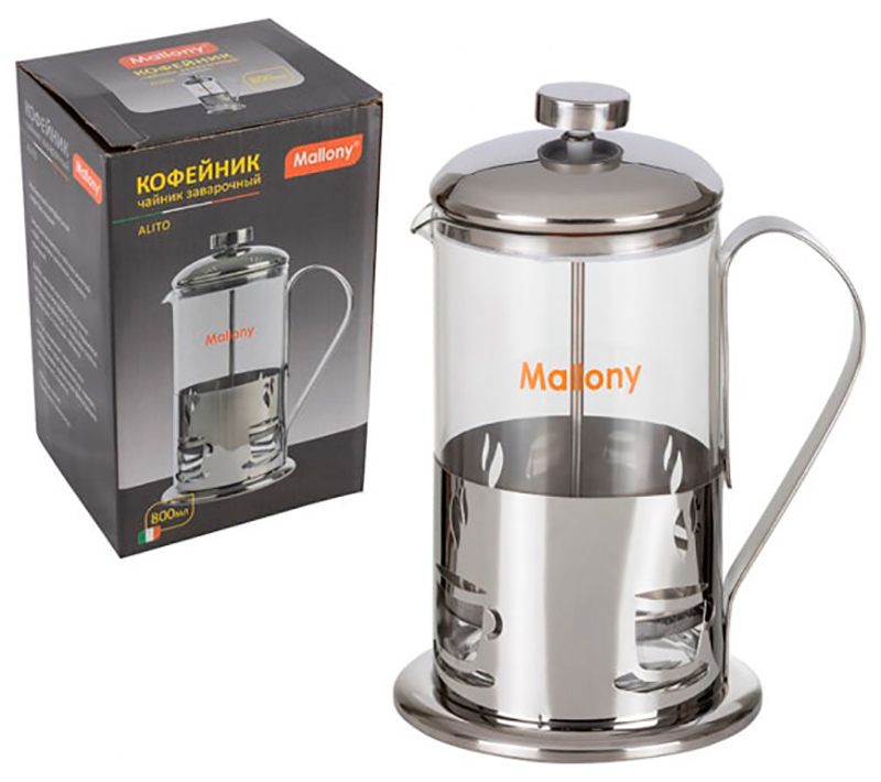 Изображение товара Френч-пресс Mallony ALITO 800 мл жаропрочное стекло нержавеющая сталь кофе чай
