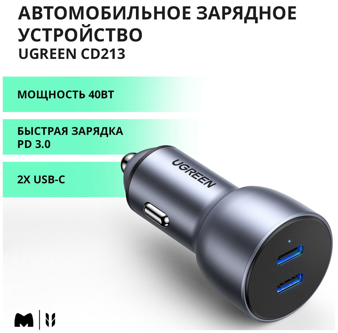 Изображение товара Автомобильное зарядное устройство Ugreen CD213 2xUSB-C 40W быстрое снаряжение