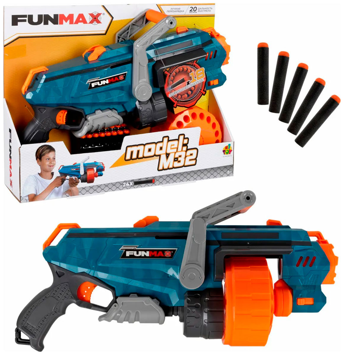 Бластер механический 1 Toy FunMax M32, барабан на 18 выстрелов, в комплекте 24 EVA снаряда Т24247 Бластер механический 1 Toy FunMax M32, барабан на 18 выстрелов, в комплекте 24 EVA снаряда Т24247