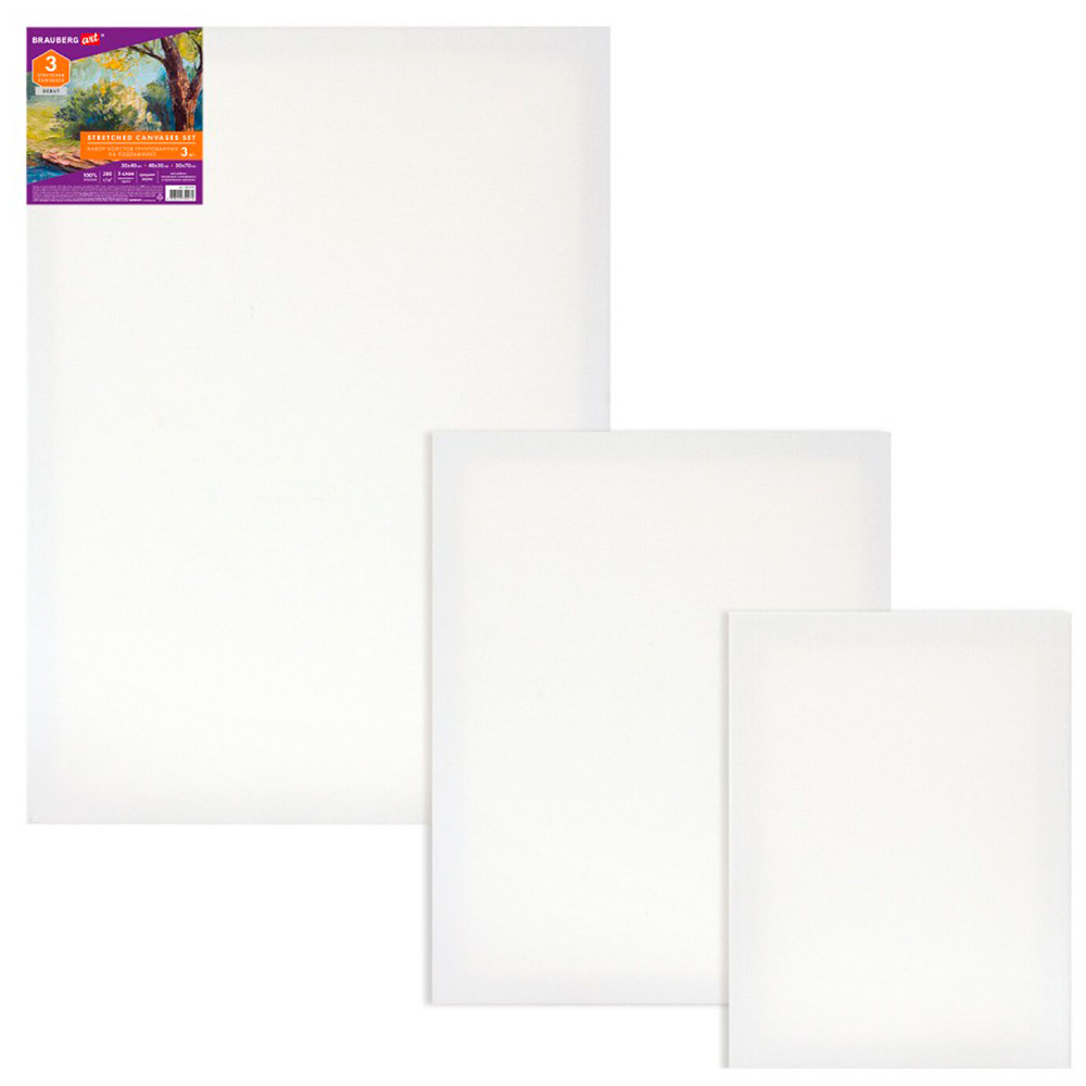 Изображение товара Холсты на подрамнике Brauberg НАБОР 3 шт. (30х40 см, 40х50 см, 50х70 см), 280 г/м2, грунт, хлопок, (192270)