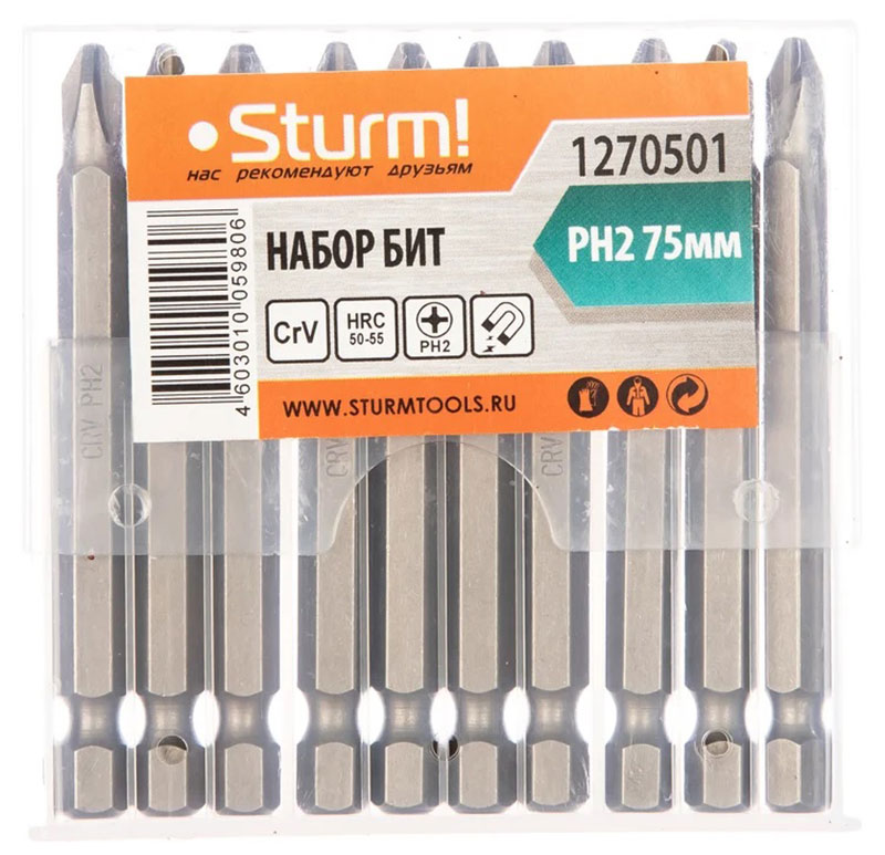 

Биты Sturm! PH2x75 мм, сталь CrV, с магнитн. наконечником, 10 шт, в пластик. кейсе (1270501)