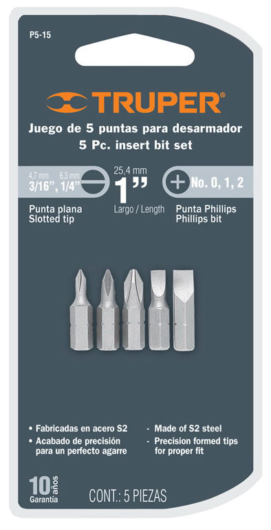 Изображение товара Набор бит Truper 25 мм 5 шт P5-15 для шуруповерта и отвертки