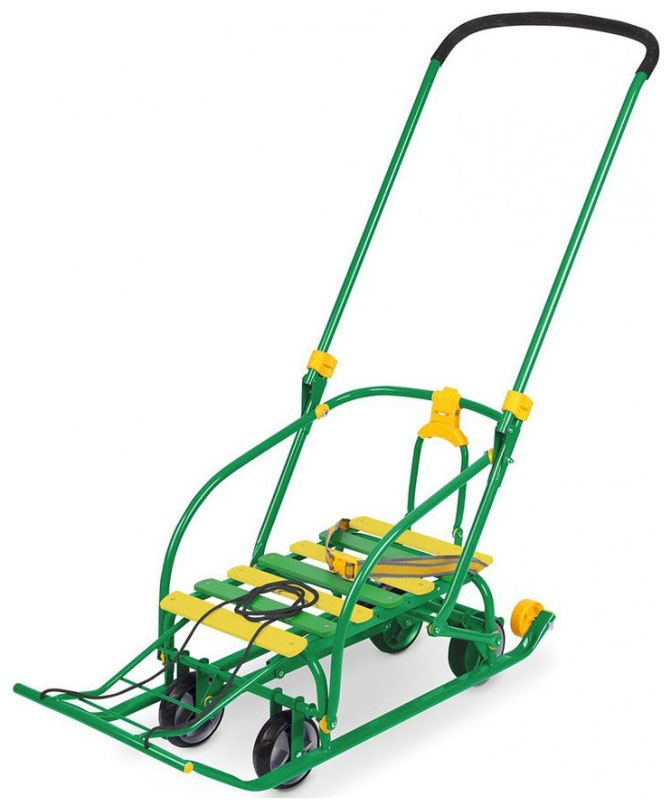 Изображение товара Детские санки Nikki 3 зеленого цвета с механизмом выдвижных колесных шасси для детей 3-7 лет