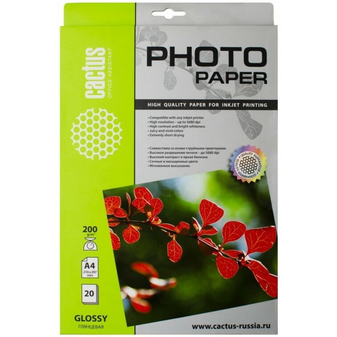 Изображение товара Фотобумага Cactus CS-GA420020 A4 200 г/м2 20 л белая глянцевая для струйной печати