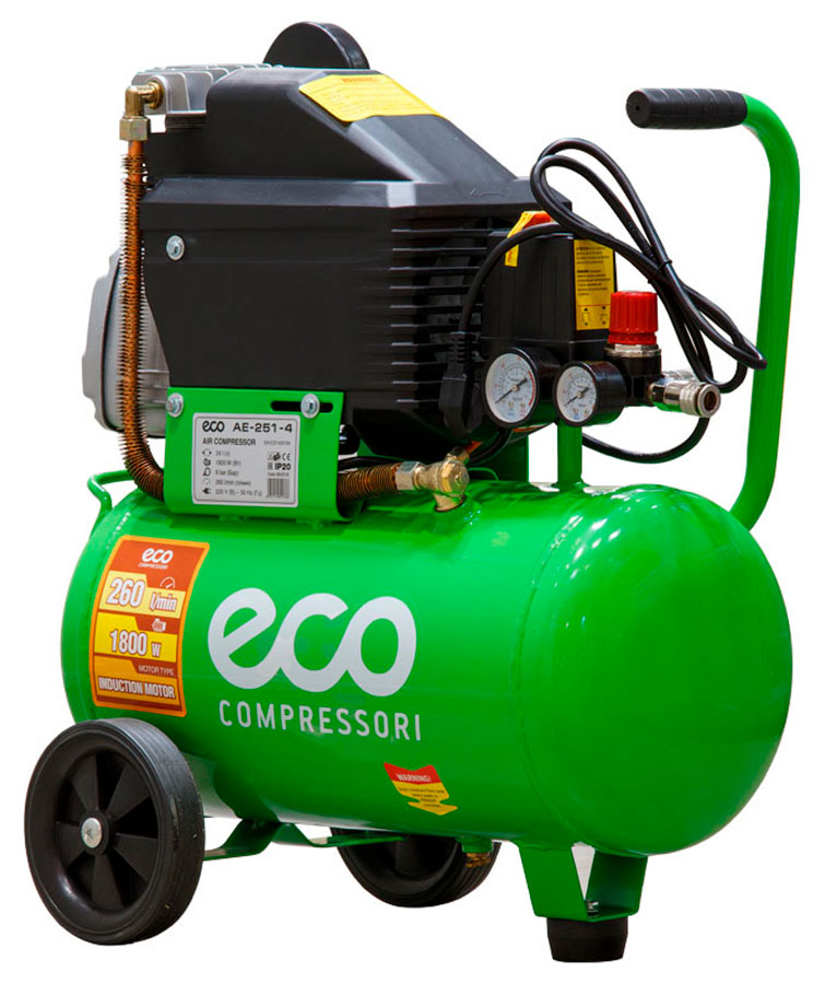 Изображение товара Компрессор Eco AE-251-4, 260 л/мин, 8 атм, коаксиальный масляный ресивер, 24 л, 220 В, 1.80 кВт
