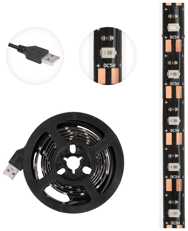 Изображение товара Лента светодиодная Lamper 5В, SMD 2835, 4.8 Вт/м, 60 LED/м, зеленый, 8 мм, 1 м, с USB коннектором, черная, IP65