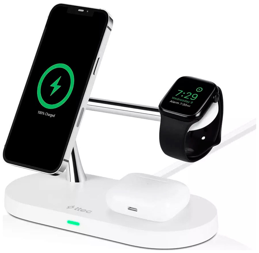 Изображение товара Беспроводная зарядная станция 4-в-1 Ttec AirCharger Quattro M MagSafe Competitible 4in1 iPhone + Apple Watch + AirPods Wireless Fast charger with LED, белый