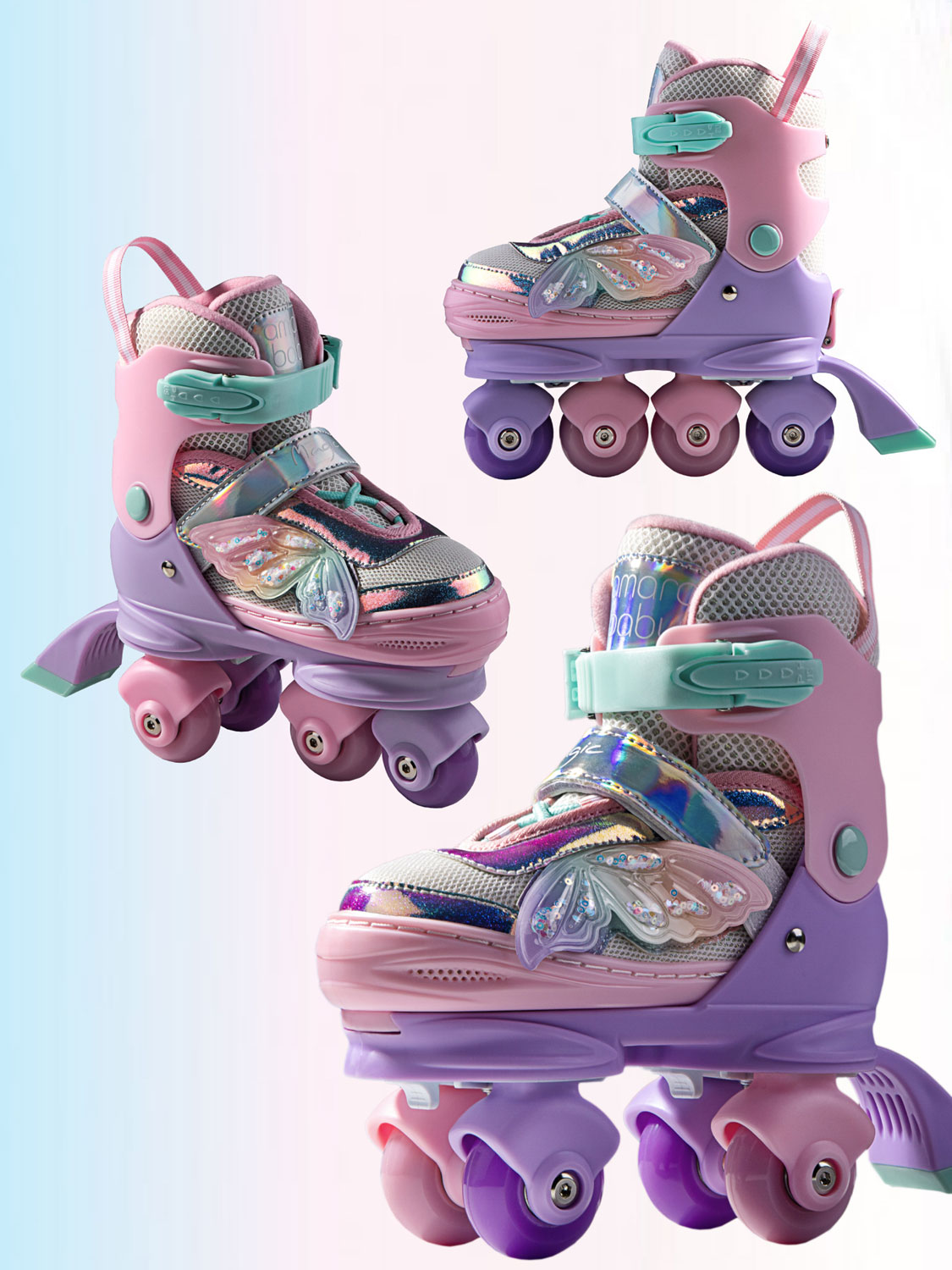 Изображение товара Детские роликовые коньки Amarobaby Magic многофункциональные 3 в 1, со светящимися колесами, сиреневый/розовый/мятный, размер 27-30