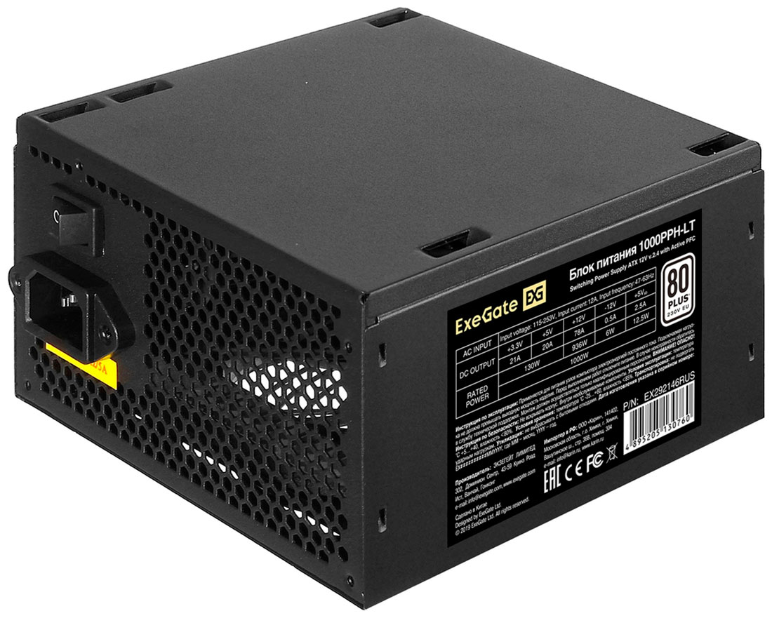Изображение товара Блок питания ExeGate 1000W 80 PLUS ATX12V 2.4 120 мм вентилятор