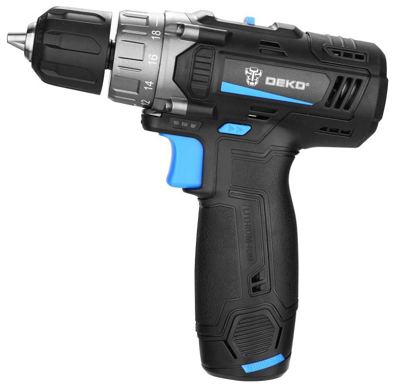 Дрель-шуруповерт Deko DKCD12V PRO в кейсе, черный/синий