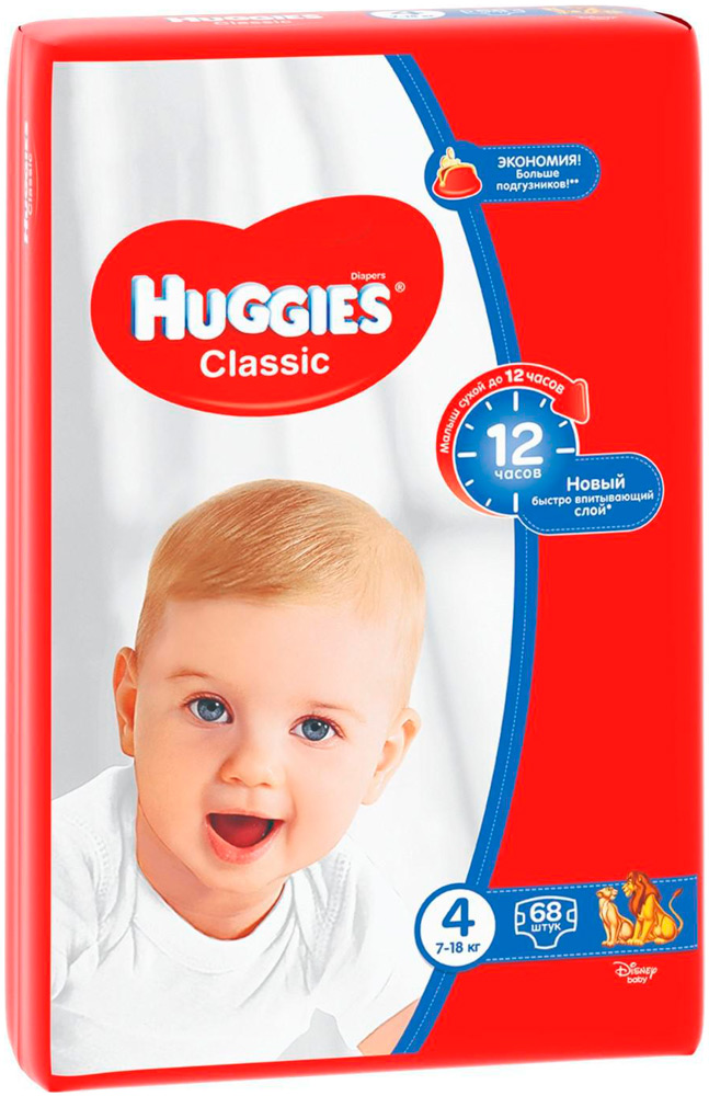 цена Подгузники Huggies Classic/Soft&Dry Дышащие 4 размер (7-18кг) 68 шт